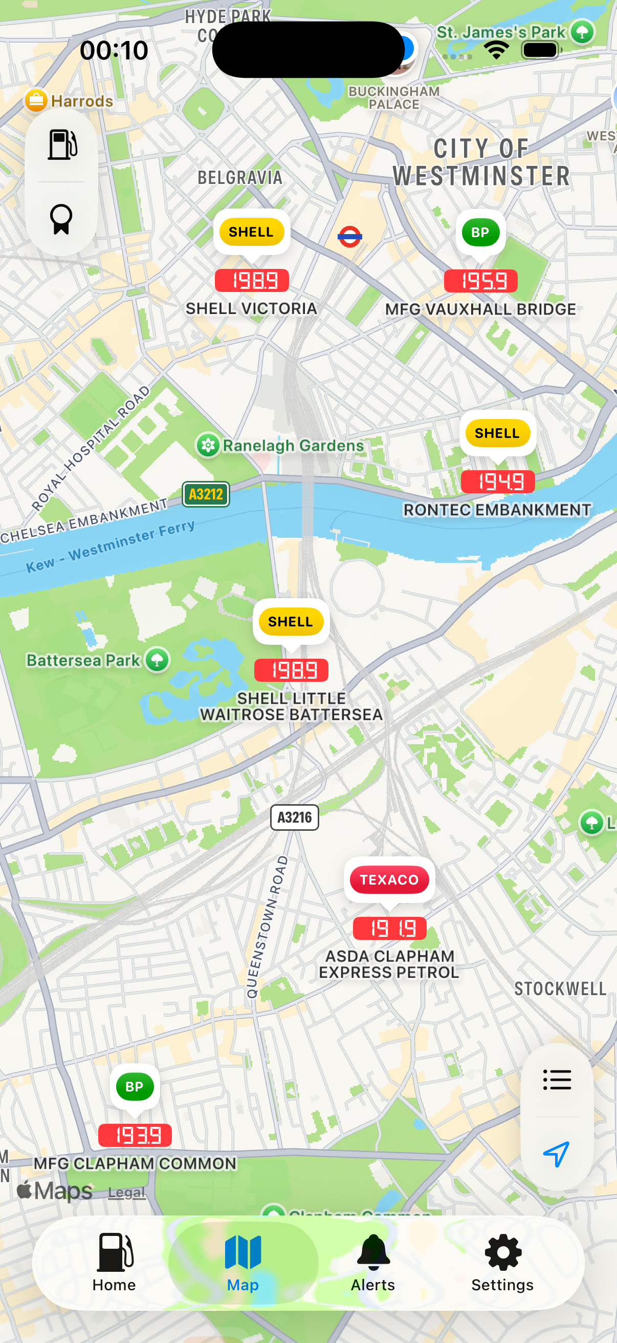 Fuelsy map with fuel prices pinned across London